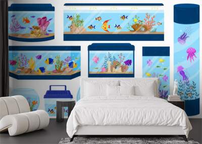 Cartoon aquariums with underwater fish, algae and corals. Aquarium underwater fish pet vector illustration set. Aquaria environment with sea wildlife Wall mural