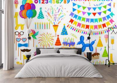 Cartoon birthday party celebration balloons, cake and gifts. Carnival party decorations, candy and candles vector illustration set. Birthday celebration elements Wall mural