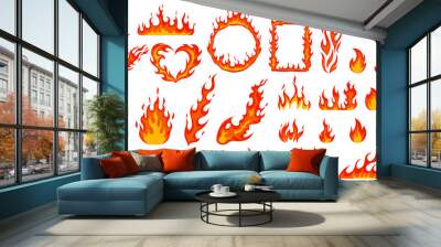 Cartoon campfire. Fire flames, bright fireball, heat wildfire and red hot bonfire, campfire, red fiery flames isolated vector illustration set. Animated form and square, fireball and flame Wall mural