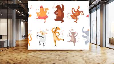 Cartoon dancing animals. Zoo characters in birthday party dance poses, happy animal mascot groove isolated vector illustration set Wall mural