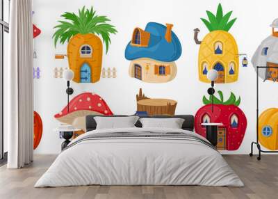 Cartoon forest fairytale mushroom gnomes or hobbit houses. Magic fairy tale characters, fantasy plants and vegetables buildings vector illustration set. Cute fairytale house Wall mural