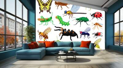 Cartoon insects. Butterfly, beetle, spider, ladybug and caterpillar, wild forest entomology insects. Cute nature wildlife insects vector illustration set. Grasshopper and butterfly, insect dragonfly Wall mural