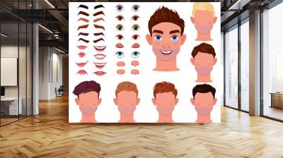 Cartoon man face constructor, male character creator. Male face generator with eyes, brows, lips and noses vector illustration set. Young guy avatar creation elements Wall mural