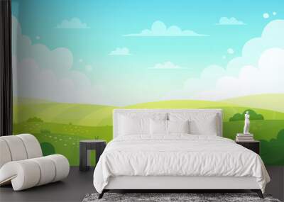 Cartoon meadow landscape. Summer green fields view, spring lawn hill and blue sky, green grass fields landscape vector background illustration. Field grass, meadow landscape spring or summer Wall mural