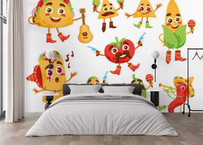 Cartoon Mexican food products characters. Funny burrito, nachos and taco mascots. Avocado, hot pepper, tomato and corn vector illustration set Wall mural