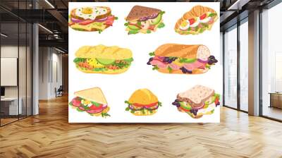 Cartoon sandwich. Delicious panini with vegetables, salmon and meat. Crispy toast, croissant and bun sandwiches vector set Wall mural