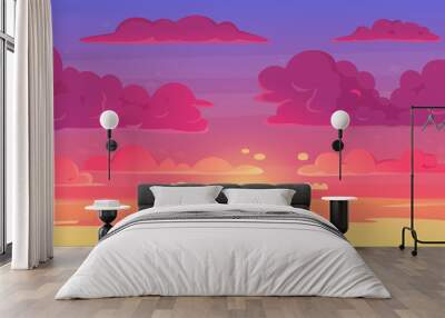 Cartoon sunset sky. Gradient violet and yellow sky clouds landscape, evening sunset heaven panorama vector background illustration. Sunset sky cartoon, sun scene sunrise Wall mural