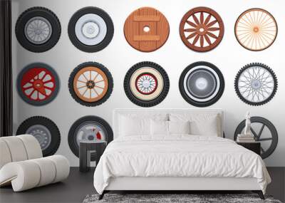 Cartoon transport wheel. Sport car tires, vintage wooden cart, old train and bicycle wheels vector elements set Wall mural