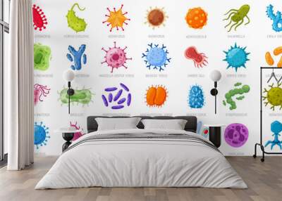 Cartoon viruses and microbes. Disease causing germs, coronavirus and rotavirus. Bacterial infection microorganisms vector illustration icons set Wall mural