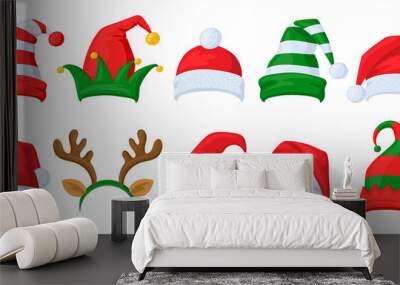 Christmas celebration hats. Cartoon Santa Claus, elf and reindeer horns masquerade hats vector illustration set. Xmas holiday celebration hats Wall mural