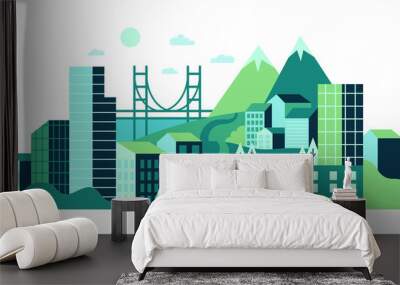 City landscape with high glass buildings, green hills and mountains. Modern city with wild nature, trees, lawns and contemporary urban skyscrapers, town background vector illustration Wall mural