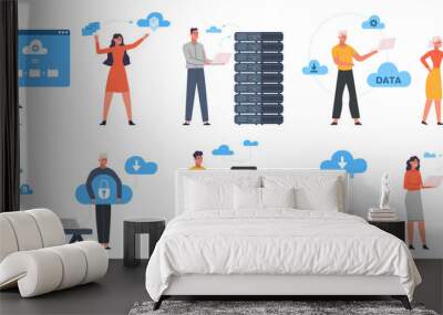 Cloud engineering, data storage, clould service server. Data cloud server, network hosting online services vector illustration set. Cloud hardware technology Wall mural