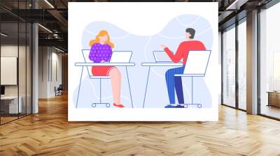 Colleagues at workplace, man and woman in office. Vector office communication colleague, business people employee characters illustration Wall mural