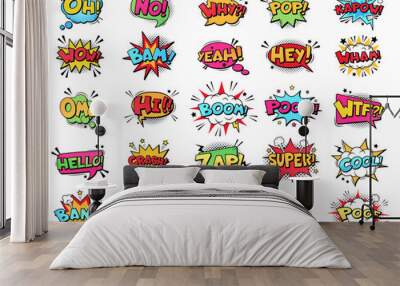 Comic speech bubble. Cartoon comic book text clouds. Comic pop art book pow, oops, wow, boom exclamation signs vector comics words set. Creative retro balloons with funny slang phrases and expressions Wall mural