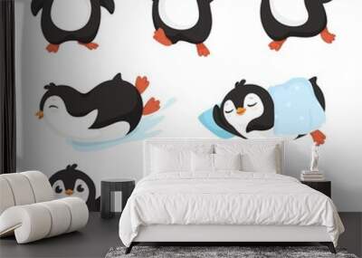 Cute cartoon penguins. Little penguin character with happy smile, aquatic flightless bird mascot vector set Wall mural