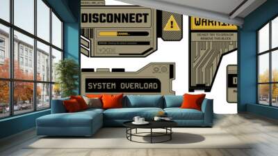 Cyberpunk decal templates. High tech critical and fatal error warning signs, system overload sticker, digital disconnect and danger caution errors window vector set. Wall mural