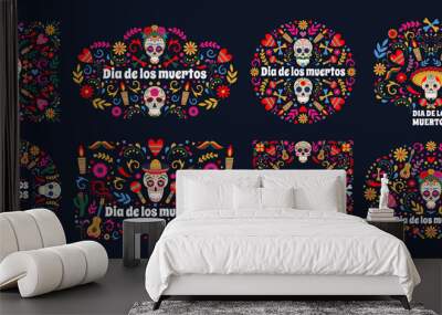 Dia de Los muertos banners. Day of the dead mexican sugar human head bones and flowers vector background set. Mexican dead day holiday cards Wall mural