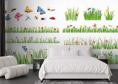 Early spring garden flowers. Forest and garden blooming plants with insects and green grass cartoon vector set Wall mural