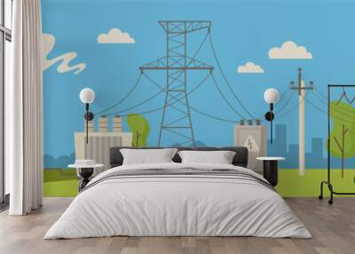 Electric power distribution chart. Electricity supply scheme from power plant to house, power supply line poles, cables and transformers cartoon vector illustration Wall mural