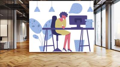 Exhausted sleepy character. Tired freelance worker burnout, female character mental health problems vector illustration. Sleepy tired office worker Wall mural