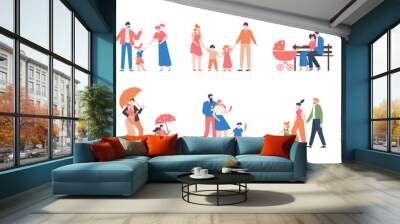 family walking. relatives people outdoor, mom, dad and kids at walk, have fun together, active lifes Wall mural