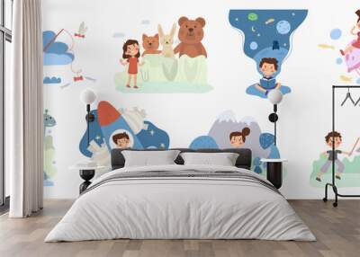 Fantasy kids world, imagination, fairy tale, magic. Childrens imaginary world, childhood dreams vector illustration set. Little boy and girl in magical dreams Wall mural