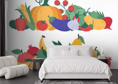 Fruits and vegetables. Doodle food, stack of vegetables and fruits, healthy lifestyle and vegan vitamins raw diet, natural fruits and greens isolated vector cartoon detox menu vegetarian elements Wall mural