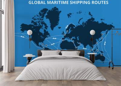 Global maritime shipping routes map. International sea routes for cargo shipping, major ports and trading hubs on world map with cargo ship icons and dashed line paths vector illustration. Wall mural