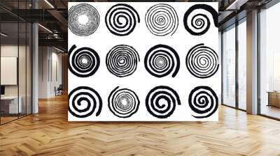 Grunge spirals. Swirling abstract simple rotating spirals, black ink spiral circles isolated vector illustration set. Vortex swirl elements Wall mural