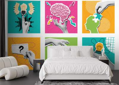 Halftone collage creative idea. Mixed media idea generation composition, pop art brain and problem solving solution concept vector illustration set. Wall mural