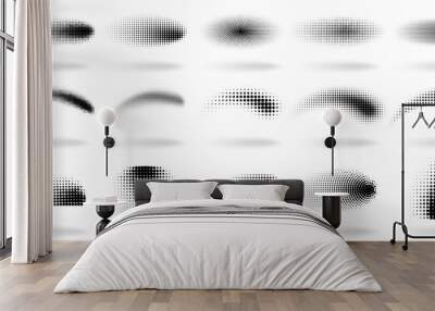 Halftone dotted shapes. Abstract dots gradient wave effect shapes, halftone gradient spray texture vector illustration set. Dots gradient elements. Pop art spotted figures isolated on white Wall mural