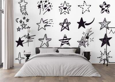 Hand drawn star sketch. Doodle stars sketch, drawing ink starburst and shiny stars. Starry doodles vector illustration icons set. Drawing star in space, starry sparkle cosmic linear art Wall mural