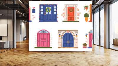 Hand drawn vintage front wooden doors, house or apartment entrances. House front doors, retro wooden home entrance vector illustration set. Exterior entrance closed doors Wall mural