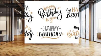 Happy birthday celebration concept. Greeting birthday party lettering with celebration hand drawn elements, decorative invitation card vector set. anniversary black and gold handwritten inscription Wall mural