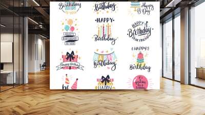 Happy birthday logo badge. Greeting lettering, cake, balloons and candle birthday greeting card decoration design vector illustration icons set. Greeting celebrate label, birthday celebration logo Wall mural