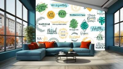 Healthy, beauty, spa and yoga lettering quotes. Hand drawn logos for organic cosmetics products vector illustration set. Spa and wellness lettering elements Wall mural