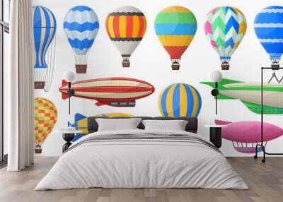 Hot air balloon, flying vintage aerostat and airships. Vintage sky transport, air journey flying aerostat vector symbols set. Retro airship and hot air balloon Wall mural