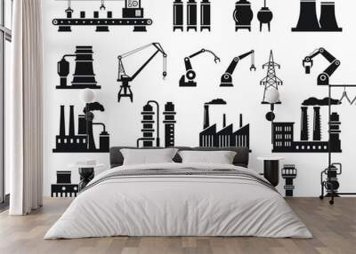 Industrial factory silhouettes. Machinery and manufacturing icons, power plants, conveyor belts, cranes and robotic arms vector illustration set Wall mural