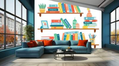 Interior bookshelves. Books at bookshelf, textbooks pile, school education or bookstore shelf, library bookcase isolated vector illustration set. School archive and bookshop, bookcase and bookshelf Wall mural