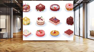 Isometric birthday event tasty strawberry, vanilla, chocolate cakes Wall mural