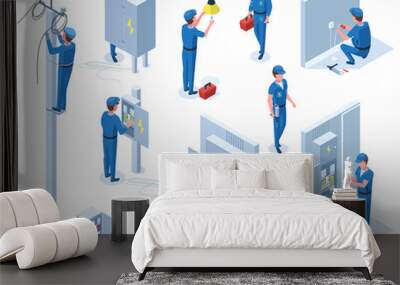 isometric professional electricians, workers repair power line. electrician occupation, characters w Wall mural