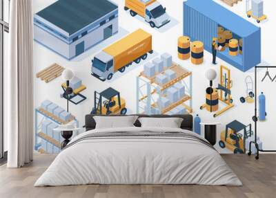 Isometric storage buildings, cargo trucks and warehouse workers. Industrial warehouse equipment, logistic delivery service vector illustration set. Warehouse storage elements Wall mural