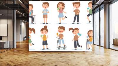 Kids drink water, juice or milk, thirsty kindergarten children. Girls and boys drinking delicious drinks vector illustration set. Baby characters drinking with bottles Wall mural