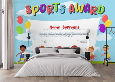 Kids sport diploma. Active kid certificate, school award template with happy boys and girls practicing sports cartoon vector Illustration Wall mural