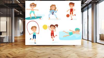 Kids sport exercise, children workout, boy and girl fitness characters. Children playing sports, swimming and tennis vector illustration set. Kids fitness mascots Wall mural