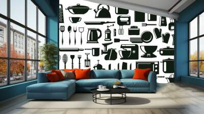 Kitchen cutlery, utensil and cooking tools silhouette elements. Tableware, monochrome culinary tools vector symbols set. Kitchenware cooking silhouettes Wall mural