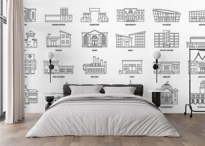 Line art government buildings. University exterior, city hospital and bank building. Town architecture office center Wall mural