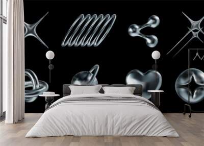 Liquid chrome y2k icons. Abstract shiny metallic shapes star rays, atomic orbit and molecular structures 3D elements vector set Wall mural