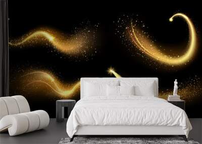 Magical gold sparkles dust. Golden lighting sparkle trail, glittering shiny magic textured path. Glowing stardust wave, glitter spark or magical starry light isolated vector illustration set Wall mural