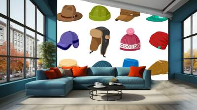 Man and woman headwear. Elegant modern and retro hats and caps, stylish fashion male and female accessories vector illustration icons set. Cap fashion for head, headdress and headwear for winter Wall mural